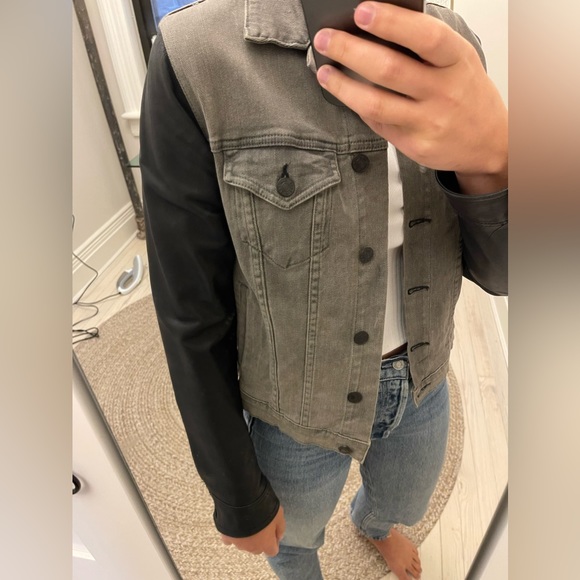 rag & bone Denim Jacket with Leather Sleeves, Grey/Black, Medium - Picture 5 of 6